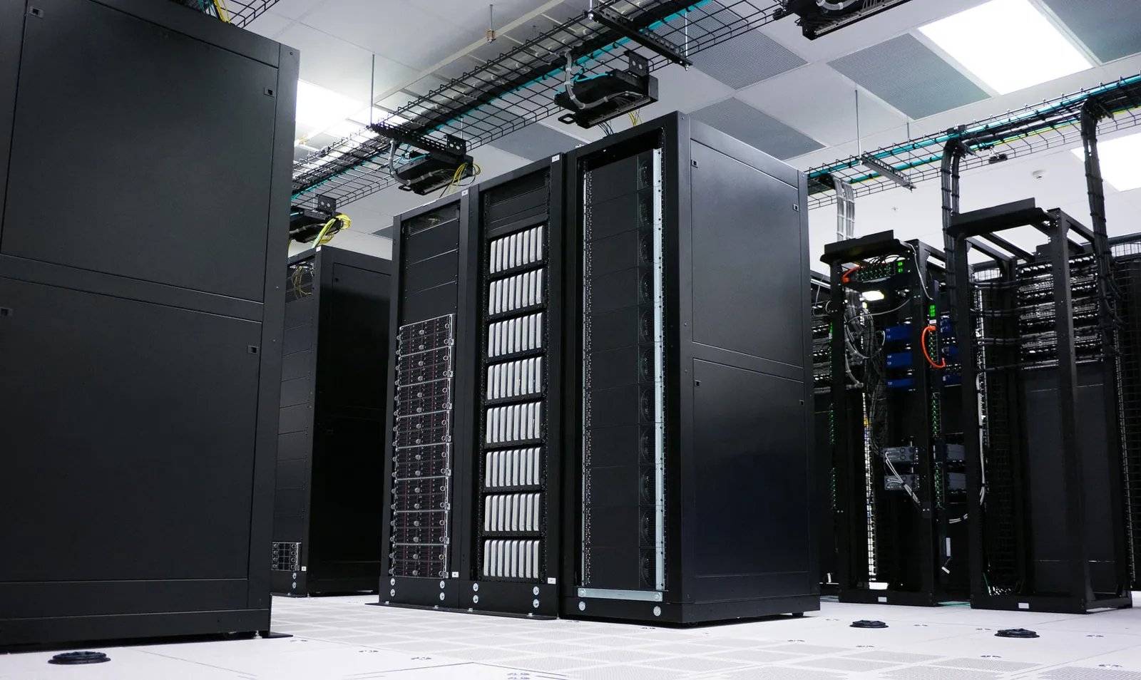 Rows of network server cabinets